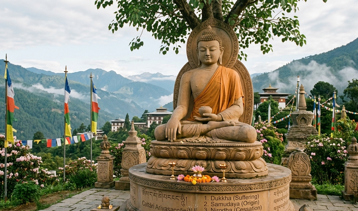Estátua de Buda em meditação, simbolizando a serenidade alcançada através da compreensão das Quatro Nobres Verdades