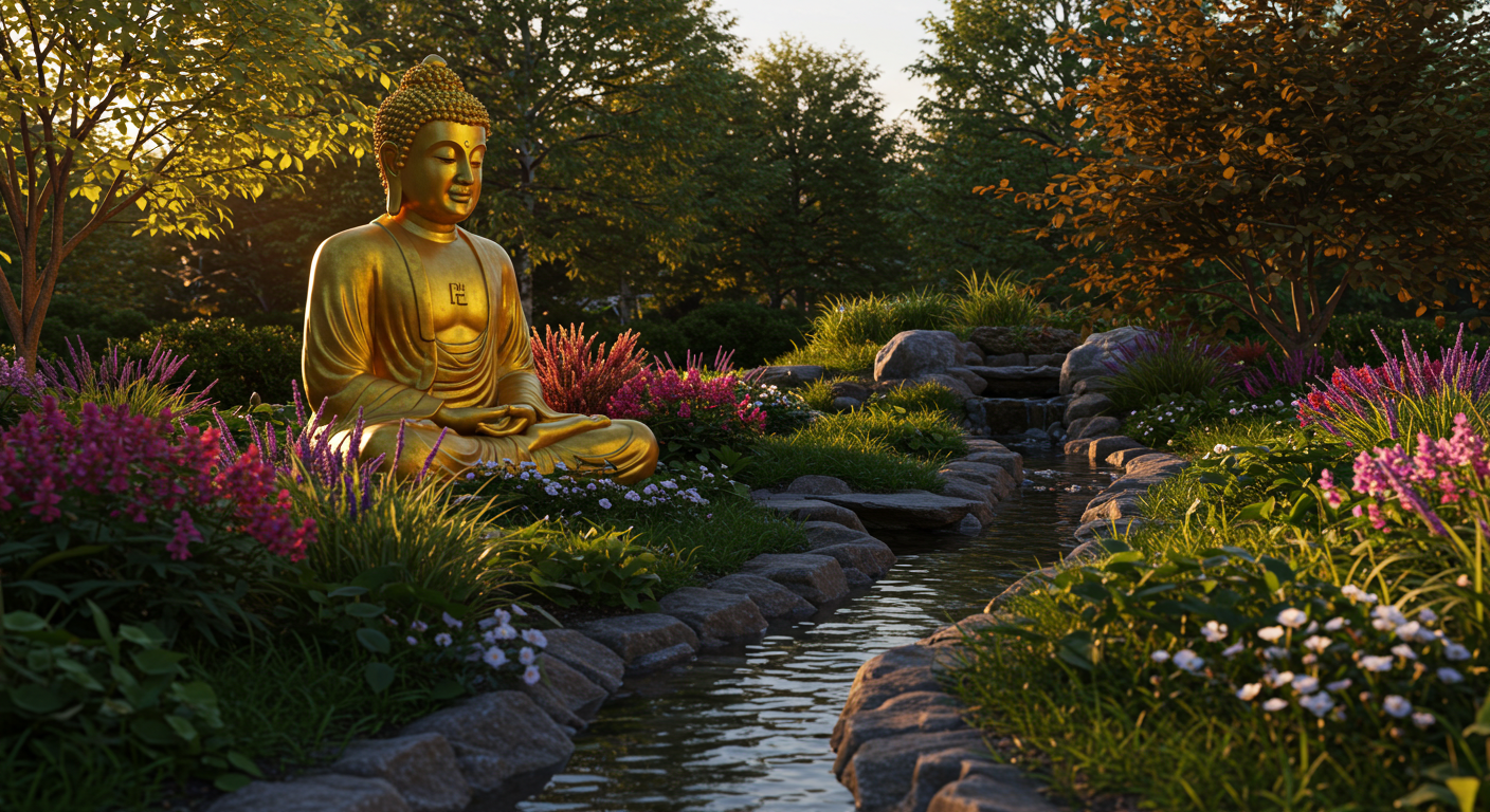 imagem de um jardim com um pequeno rio correndo no meio e a estatua do buda do lado esquerdo
