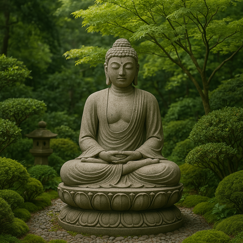imagem de uma estátua de Buda em meio a um jardim
