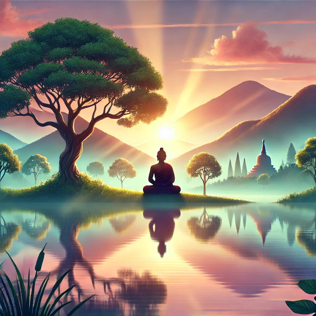 Imagem de ums figura masculina sentado em posição de meditação ao lado de uma árvore