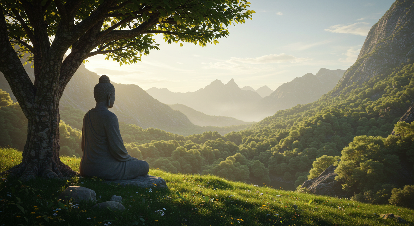 imagem de uma estátua sentada em posição de meditação de frente para a natureza.