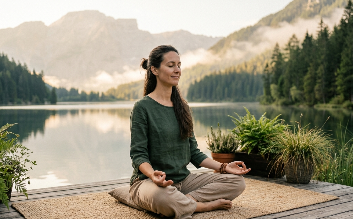 Pessoa sentada em posição de meditação com postura ereta e expressão serena, em ambiente tranquilo