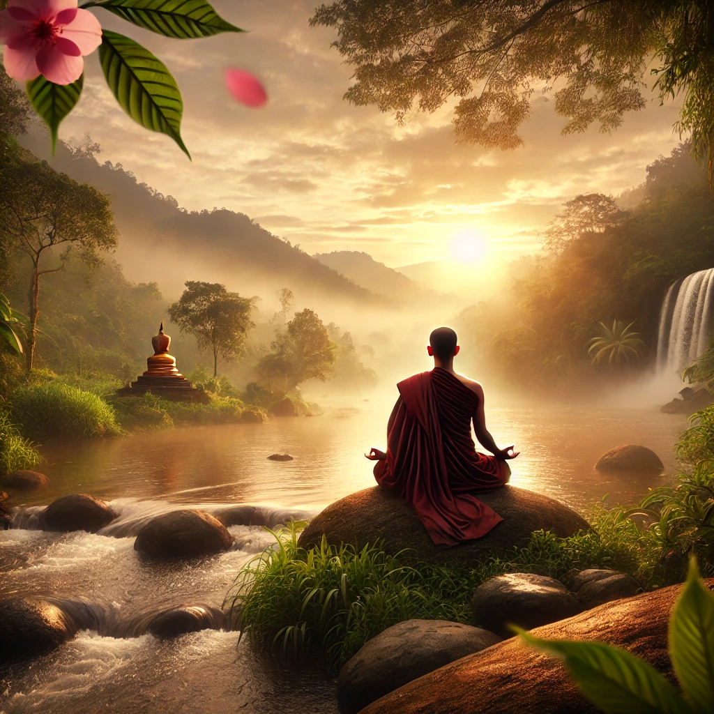 Imagem de uma figura masculina meditando em meio a natureza