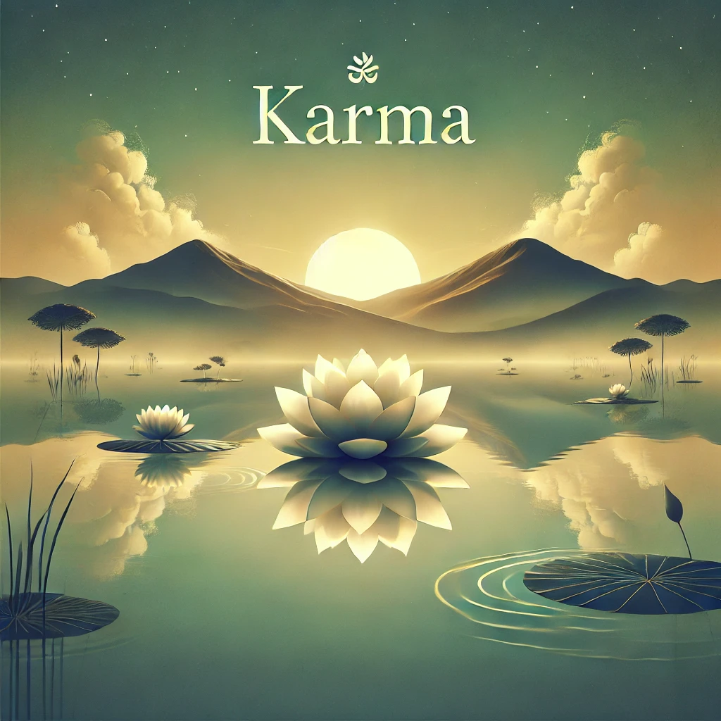 imagem que transmite serenidade com uma flor de lotus sobre a água, ao fundo um pôr do sol entre duas montanhas e a escrita Karma na parte superior