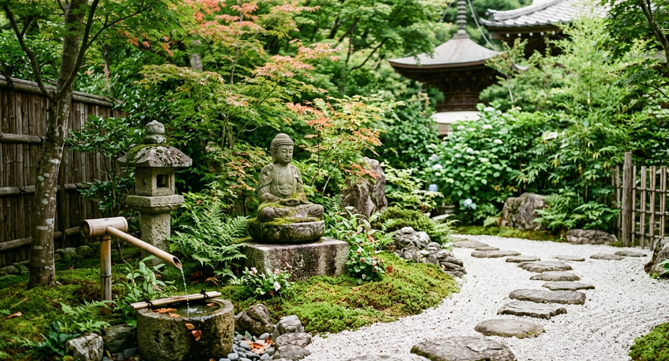 Imagem de um pequeno jardim budista inspirando paz e serenidade
