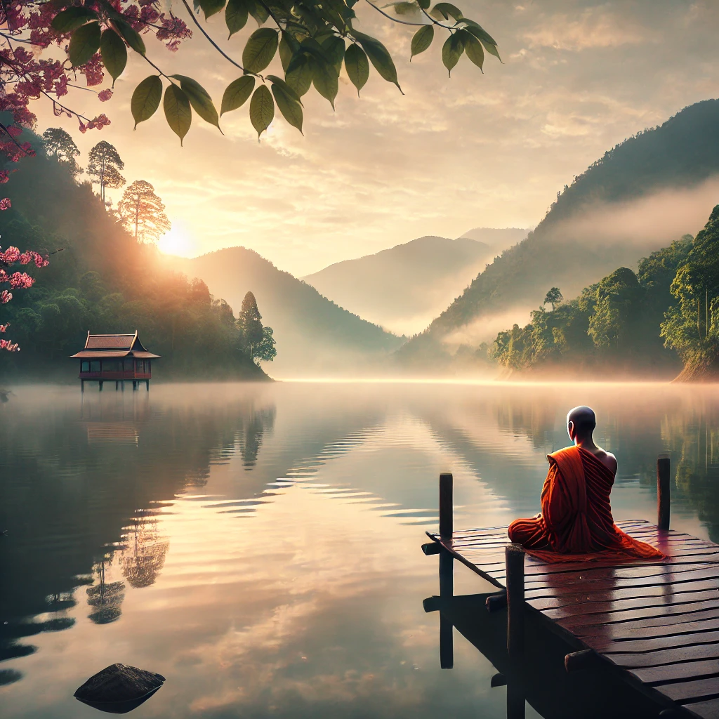 Imagem de ums figura masculina sentado em posição de meditação contemplando a natureza