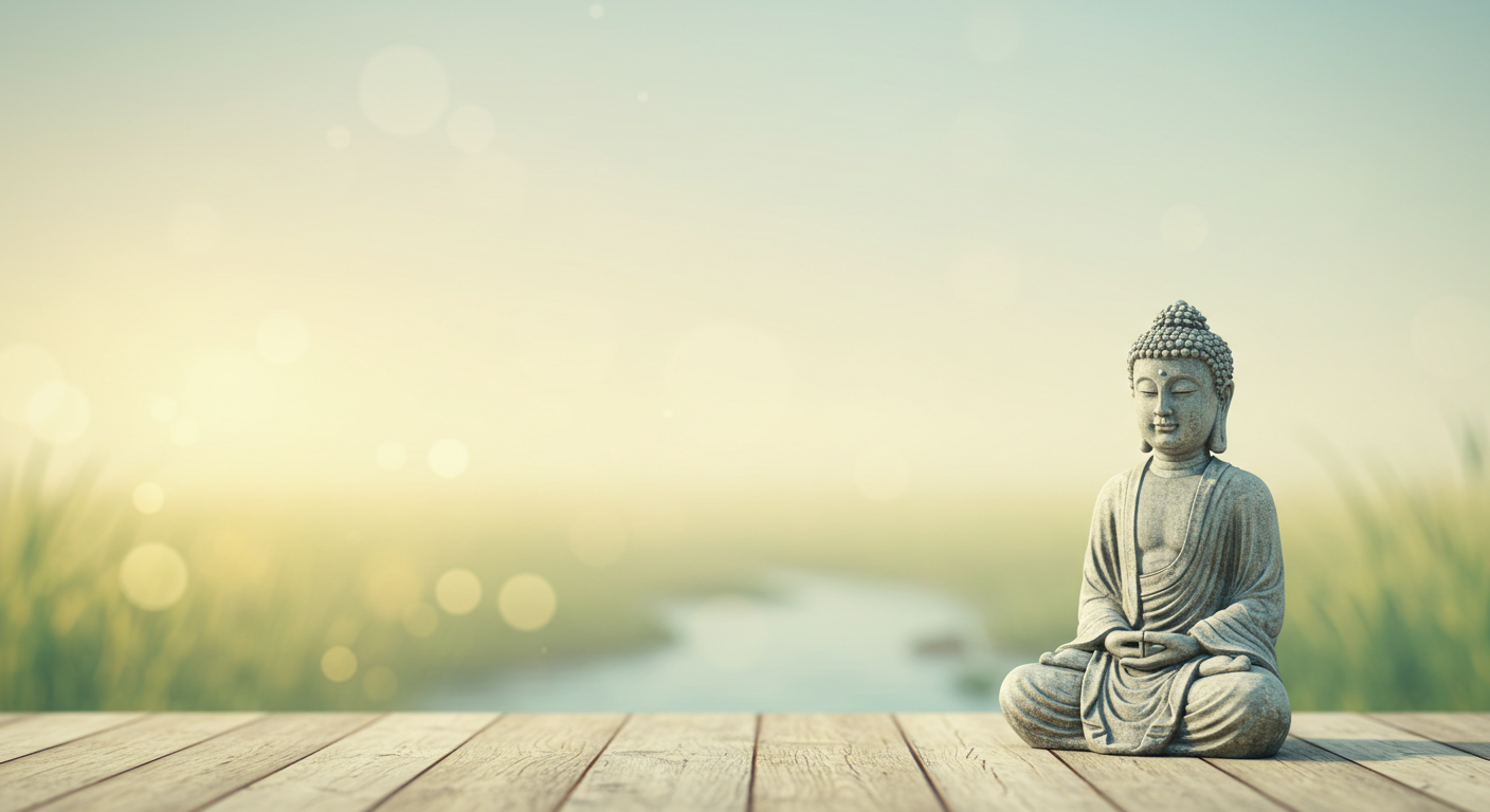 imagem de uma estatua do Buda em posição de meditação em destaque em cima de um deck de madeira com a natureza ao fundo da imagem