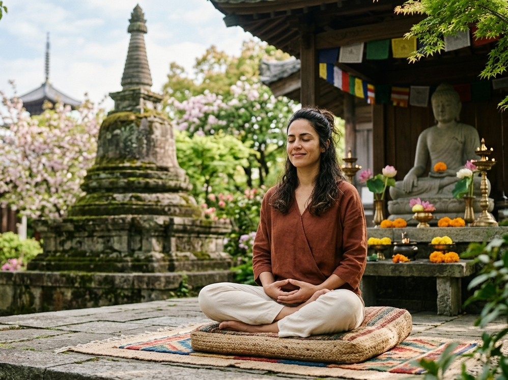 Mulher sentada em posição de meditação, em paz e serenidade