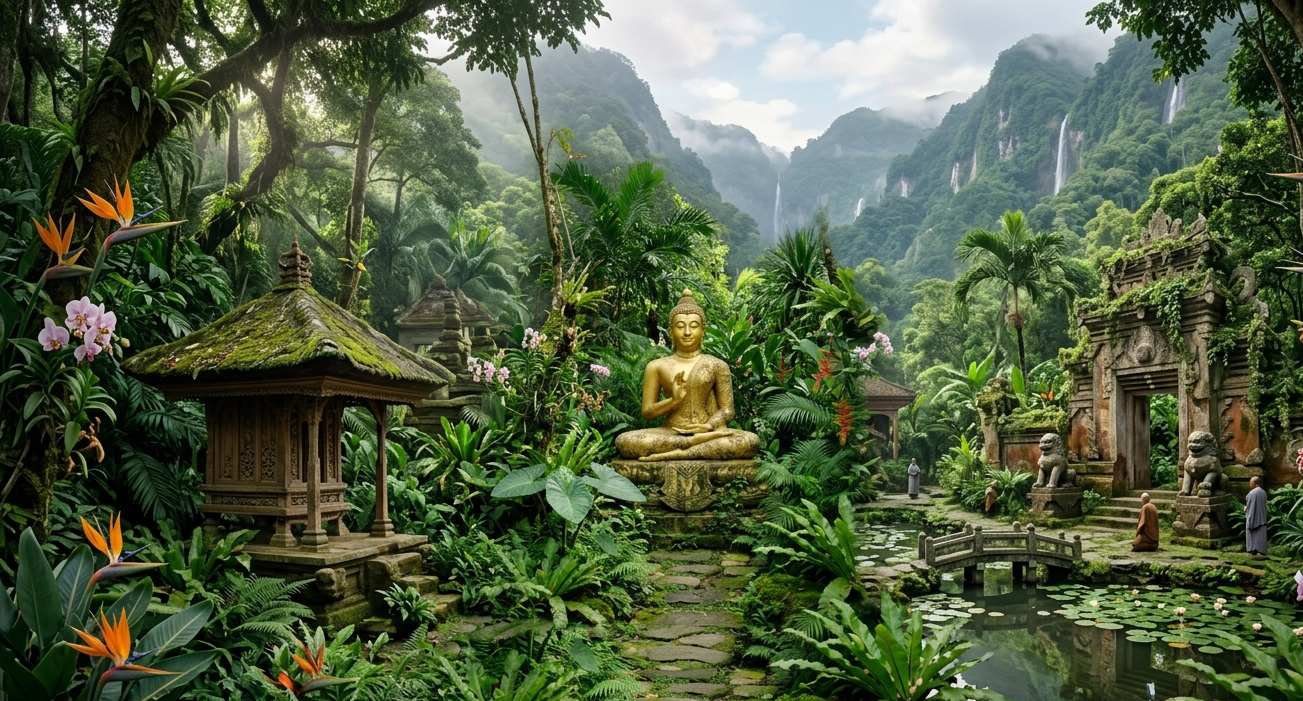 Estátua dourada de Buda em posição de meditação, cercada por vegetação verde