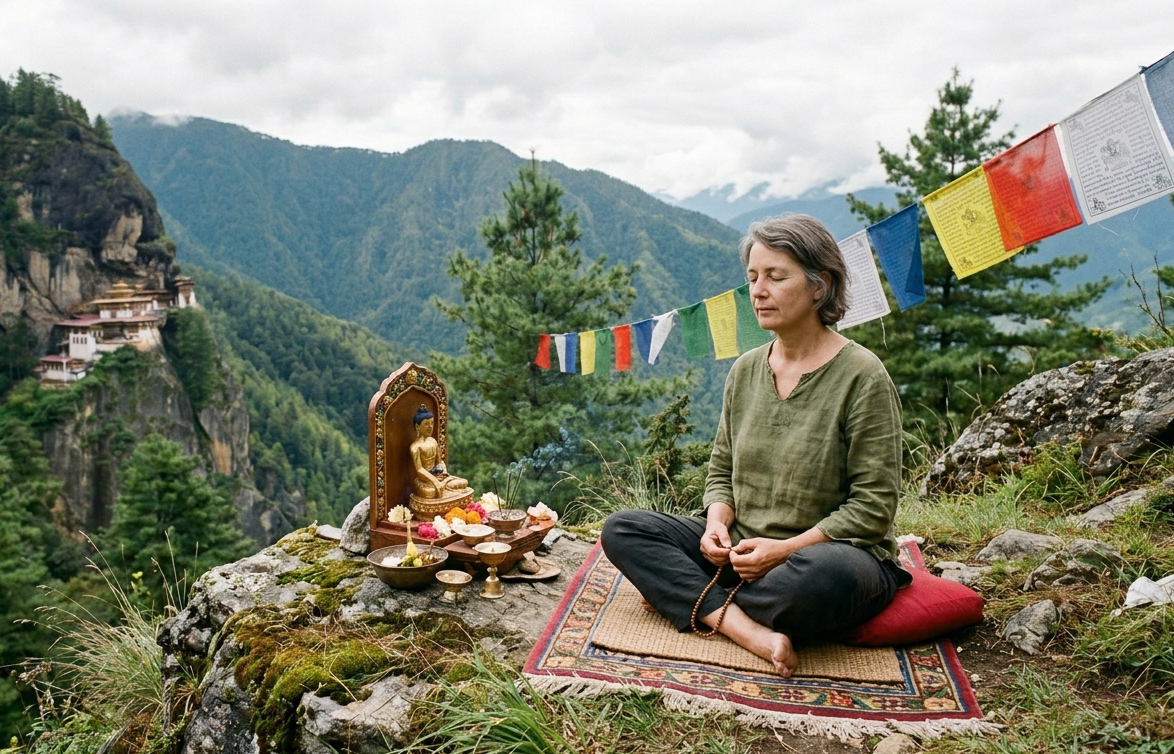 Pessoa em posição de meditação ao ar livre, em paz e serenidade, praticando meditação budista