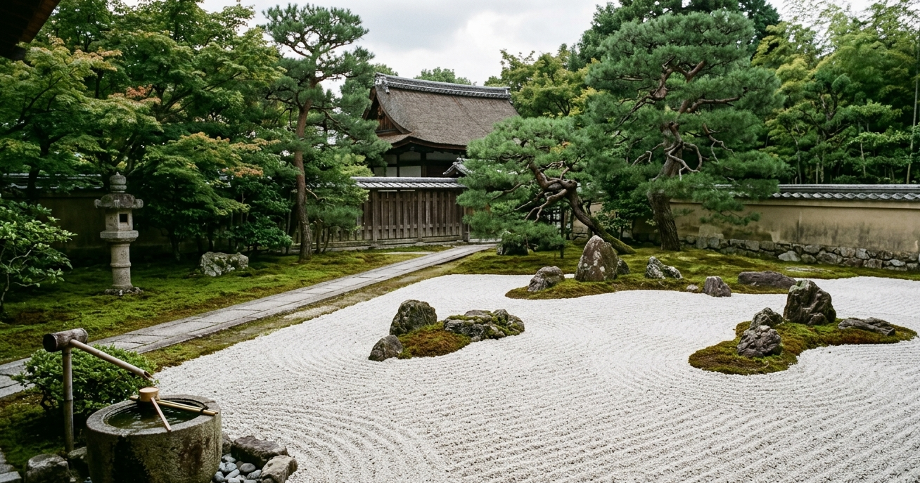 Jardim Budista inspirando meditação e serenidade, simbolizando a busca pelo nirvana e a compreensão do ciclo de renascimentos