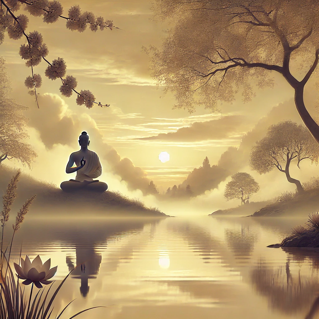 imagem de uma figura masculina em posição de meditação em meio à natureza