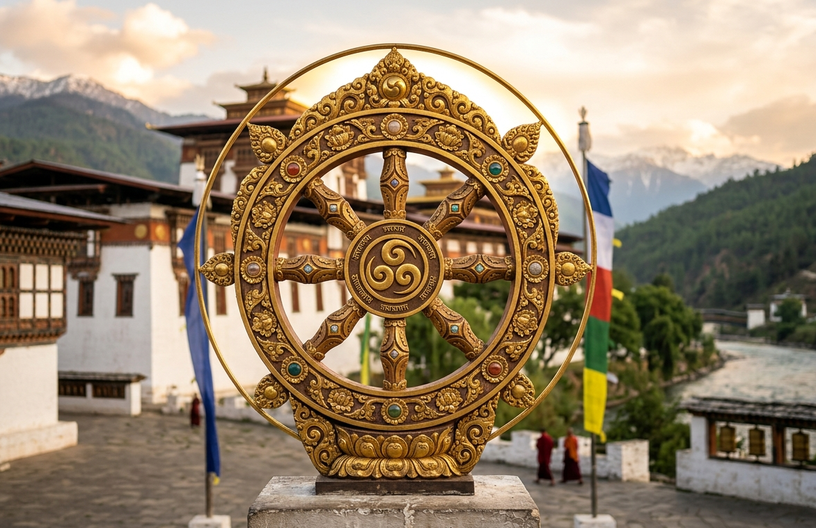 Roda do Dharma com oito raios representando os oito fatores do Nobre Caminho Óctuplo ensinado por Buda