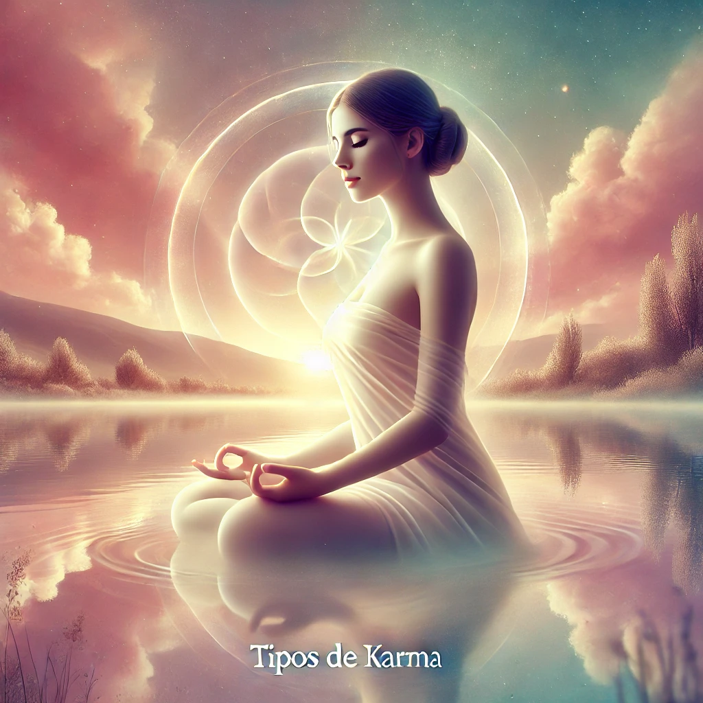 imagem com uma figura feminina em posição de meditação com uma escrita tipos de karma sobreposta à imagem