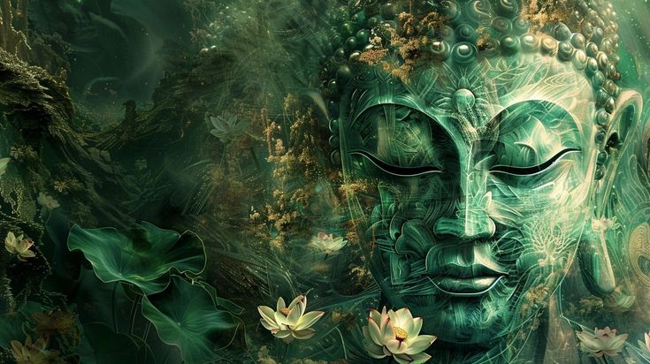 Imagem do rosto de buda em eio a névoas com flores de lotus