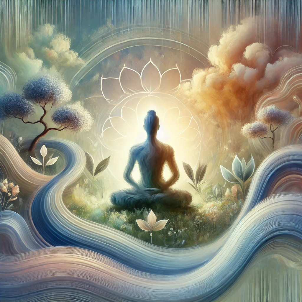 imagem abstrata com uma figura feminina em posição de meditação em meio a natureza